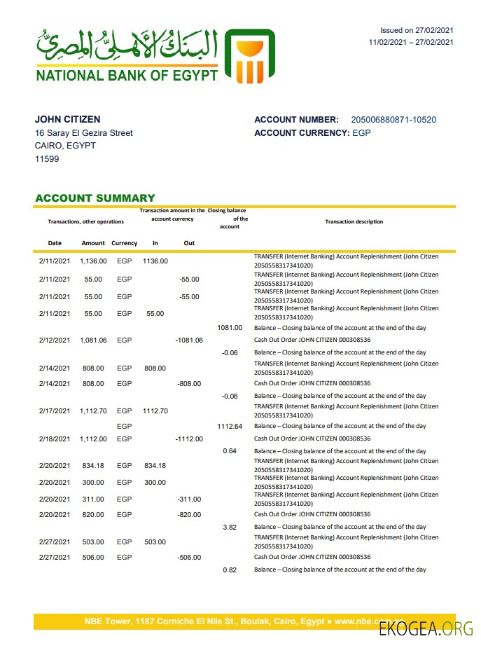 Modèle de relevé bancaire de la Banque nationale d'Égypte d'Égypte facile à remplir au format Excel et PDF